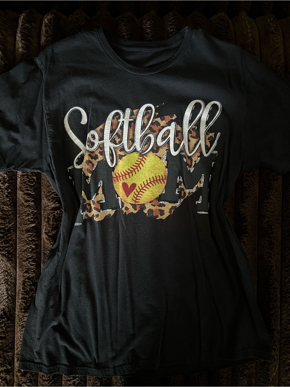 H&M Black Softball Mom Tee with Leopard Accent and Yellow Ball